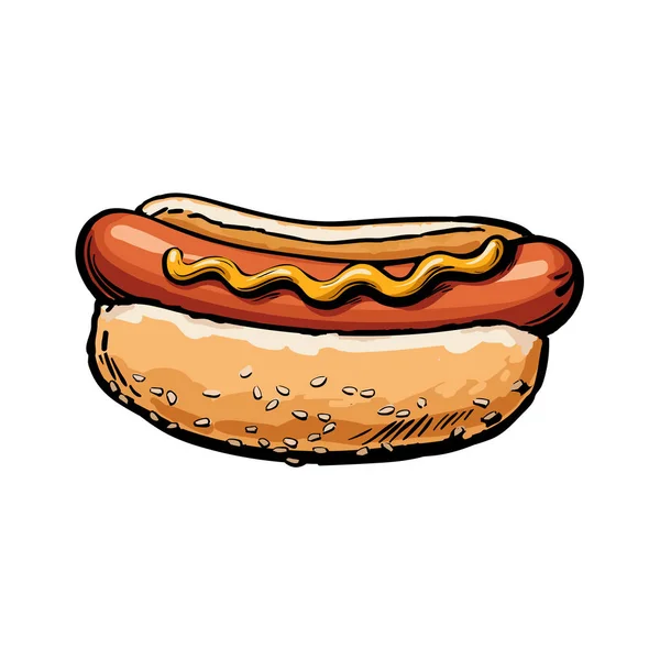 Vektorové skici klobása hot dog s omáčkou, samostatný — Stockový vektor