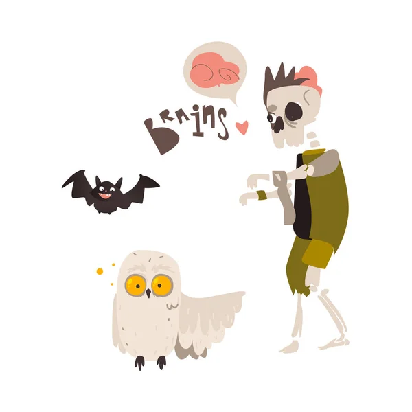 Monstre squelette zombie en chiffons et hibou fou — Image vectorielle