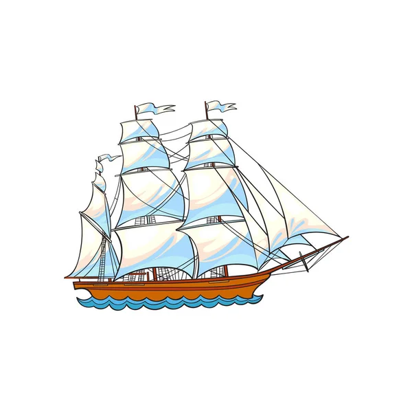 Hermoso velero, velero con velas blancas — Vector de stock