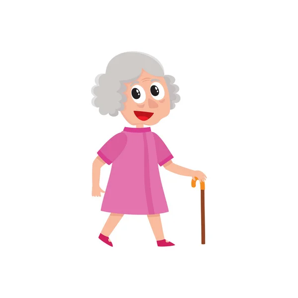 Vector adult woman walks happily with cane in hand — Stock Vector