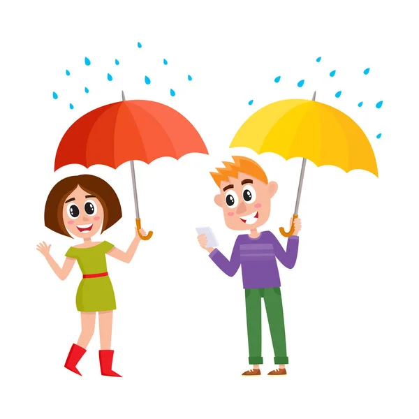 Vector people keeping umbrella in rain set — Stock Vector