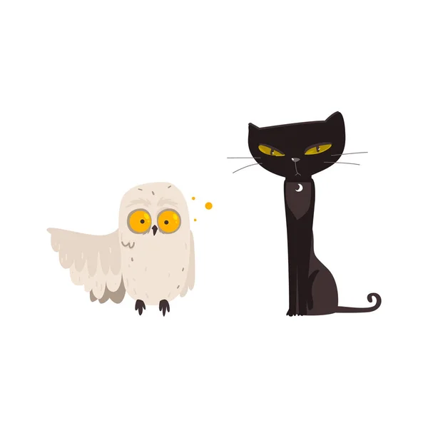 Chat noir effrayant et chouette blanche, objets d'Halloween — Image vectorielle