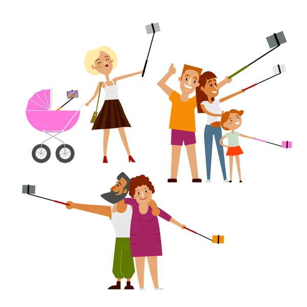 Joven madre, pareja y familia haciendo selfie — Vector de stock