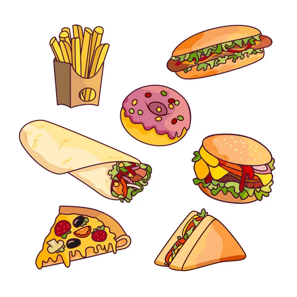 Vector dibujos animados plana comida rápida conjunto aislado — Vector de stock