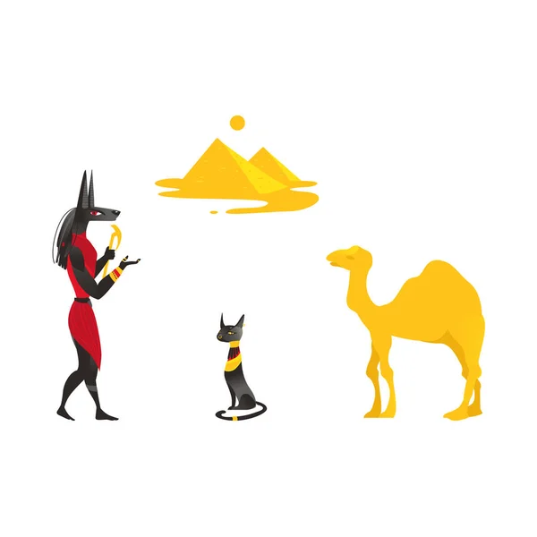 Egipto símbolos - Anubis, gato negro, camello, pirámides — Vector de stock