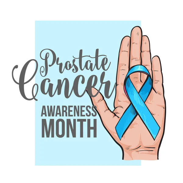 Cartel del mes de concienciación sobre el cáncer de próstata, cinta azul en la palma — Archivo Imágenes Vectoriales