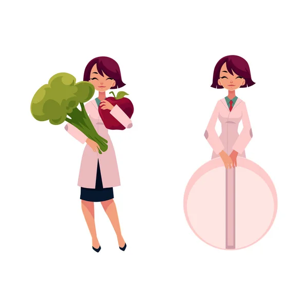 Kobieta lekarz posiadający ogromny brokuły i olbrzymie pigułki — Wektor stockowy