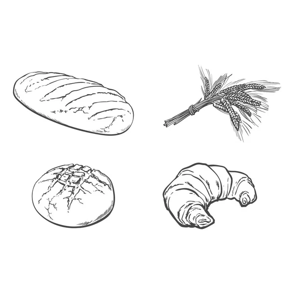 Vector boceto pan de pan blanco, conjunto de croissant — Archivo Imágenes Vectoriales