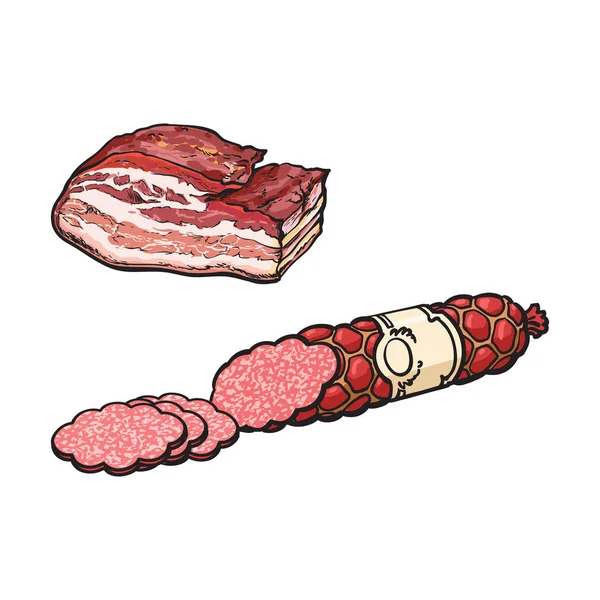 Salsicha de salame de esboço vetorial e banha isolada — Vetor de Stock