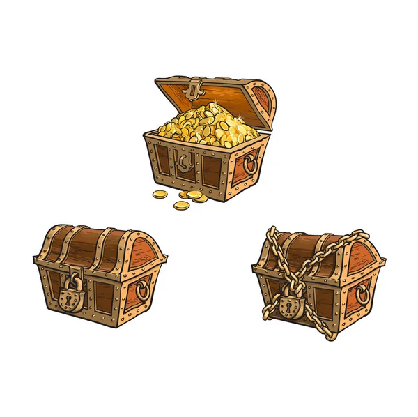 Vector wooden treasure chest set isolated — Stock Vector