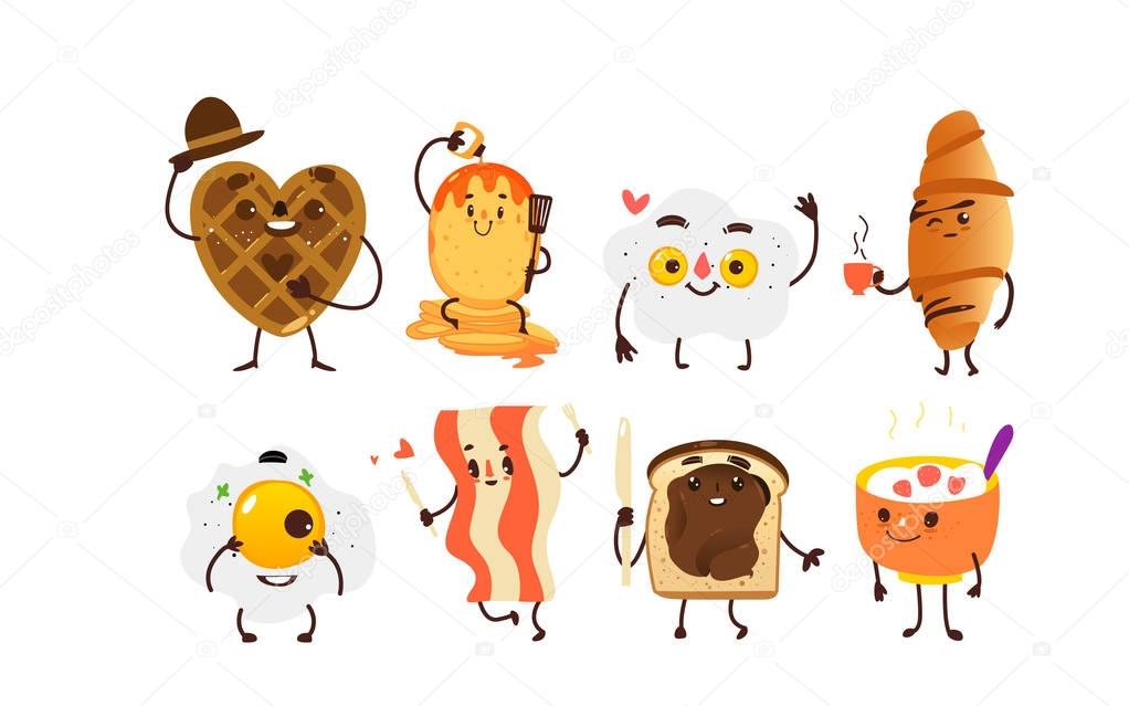 Set of funny smiling breakfast characters