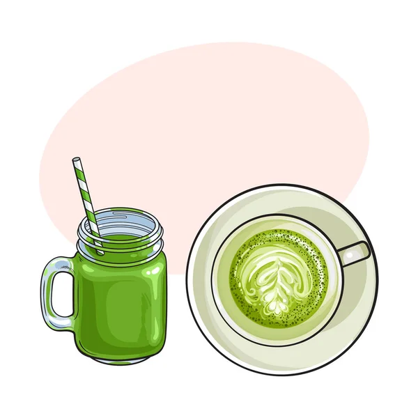 Matcha chá verde latte e bebidas smoothie — Vetor de Stock