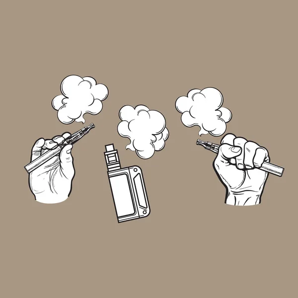 Мужская рука держит электронную сигарету, электронную сигарету, пар, дым выходит — стоковый вектор