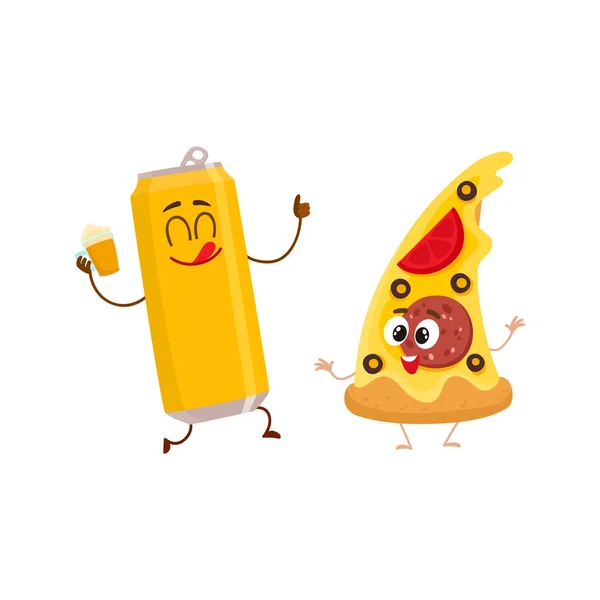 Bière drôle peut et délicieuse pizza tranches personnages avoir du plaisir — Image vectorielle