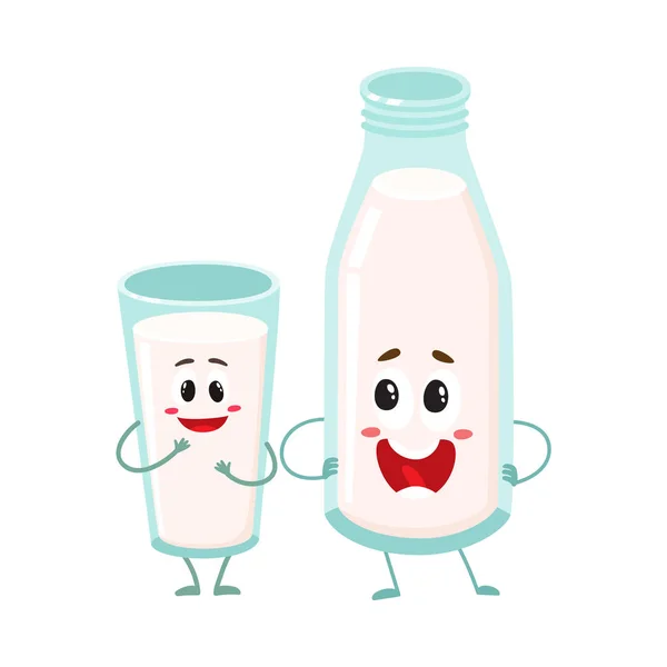 Vicces tej üveg és üveg karakterek emberi szembenéz mosolyog — Stock Vector