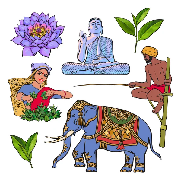 Conjunto de símbolos culturais desenhados à mão Sri Lanka — Vetor de Stock
