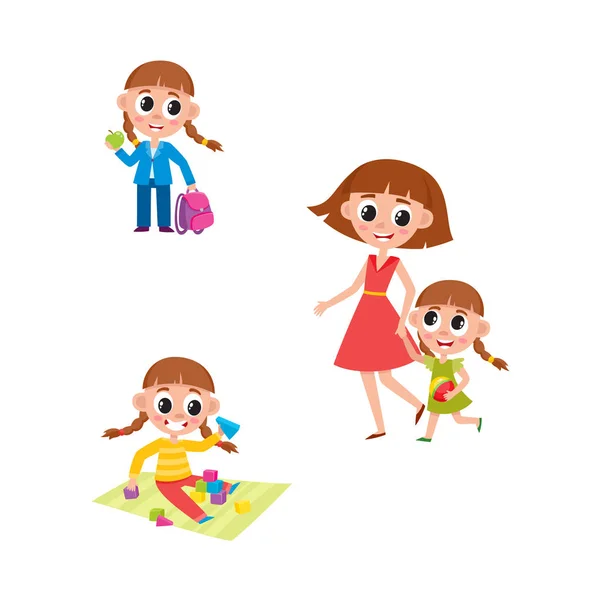 Girl going to school, playing, walking with mom — Stock Vector