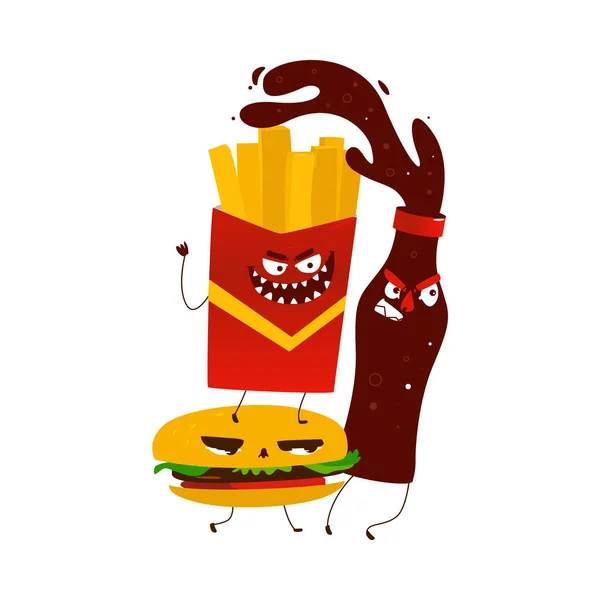 Vector plano de dibujos animados enojado fastfood monstruos . — Archivo Imágenes Vectoriales