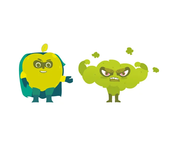 Elma ve brokoli kahraman, süper kahraman karakter — Stok Vektör