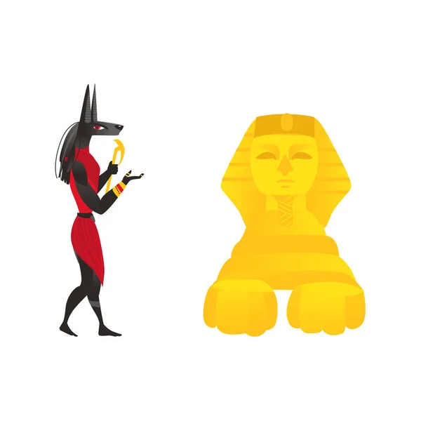 Anubis, oude Egypte god, en Egyptische Sfinx — Stockvector