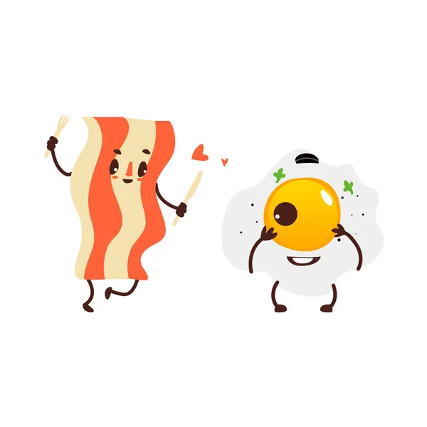 Funny sunny side up egg and fried bacon strip - Stok Vektor