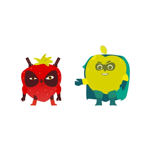 Héros aux pommes et fraises, personnages de super-héros — Image vectorielle