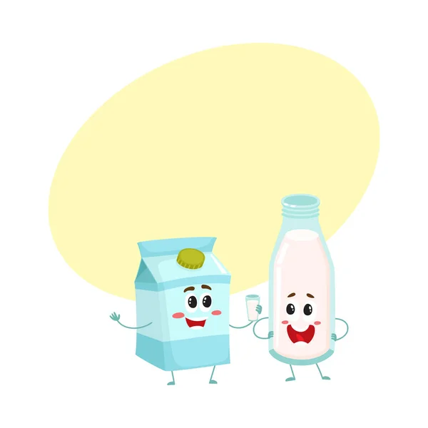 Personajes divertidos de la leche, botella y caja de cartón, caras humanas sonrientes — Vector de stock
