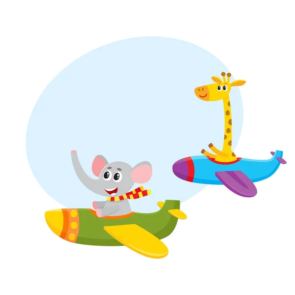 Personaggi divertenti del pilota animale che volano in aereo - giraffa ed elefante — Vettoriale Stock