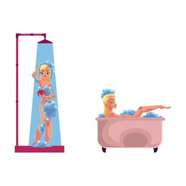 Векторна доросла жінка миє у ванній, набір для душу — стоковий вектор
