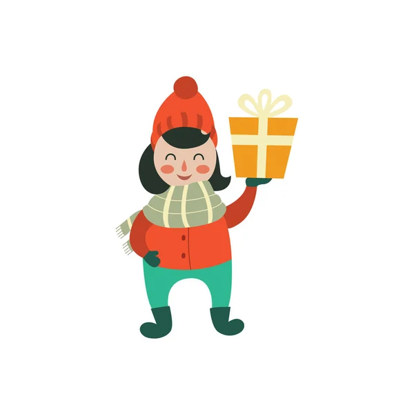 Векторная мультяшная девушка держит в руках коробку с подарками — стоковый вектор