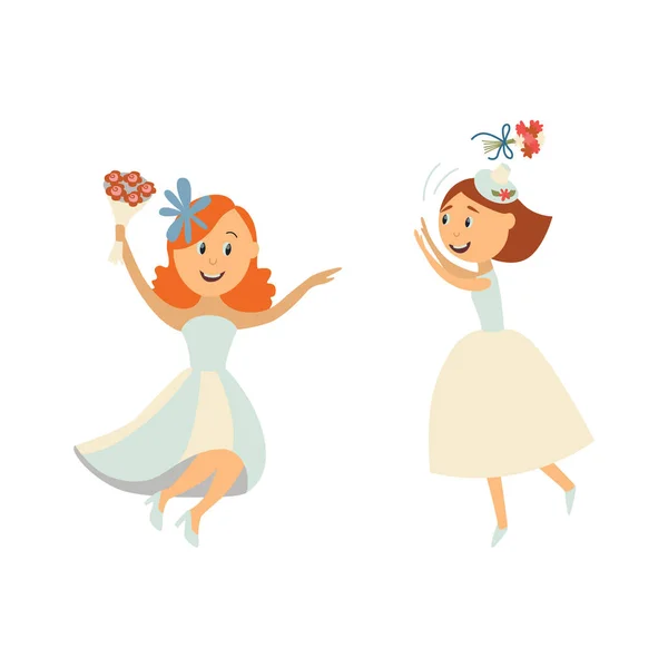 Vector novias lanzando ramo, conjunto de baile — Vector de stock