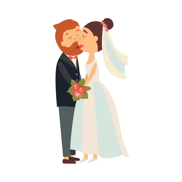 Vector groom and bride kiss each other isolated — Stock Vector