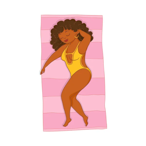 Vettore paffuto donna in costume da bagno sdraiato su tappetino da spiaggia — Vettoriale Stock