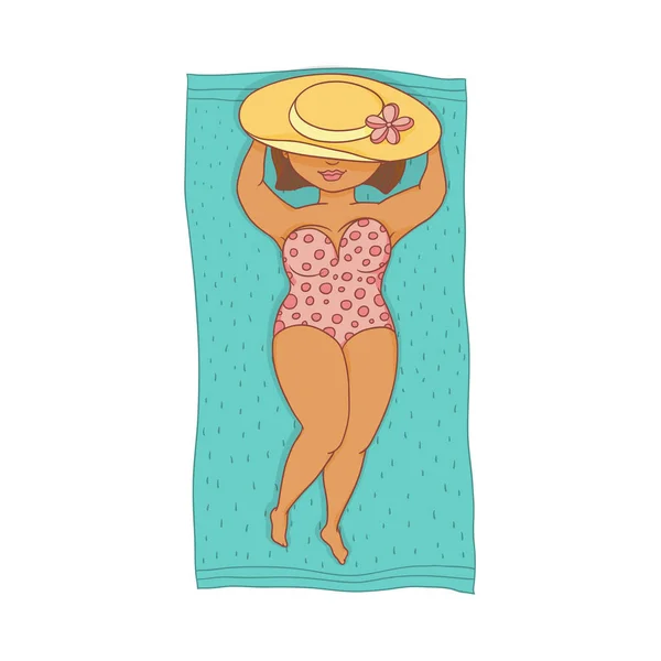 Vector regordeta mujer en traje de baño acostado en la alfombra de playa — Archivo Imágenes Vectoriales