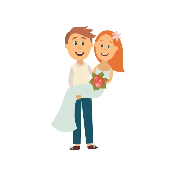 Vector groom carrying bride holding in his arms — Stock Vector