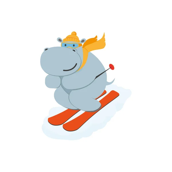 Vektor flache Cartoon lustige Nilpferd-Figur Skifahren — Stockvektor