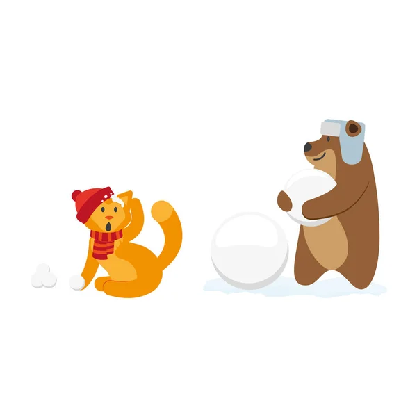 Gato y oso personajes haciendo bolas de nieve, jugando — Vector de stock