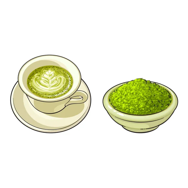 vector sketch bowl of powder, cup of mathca tea