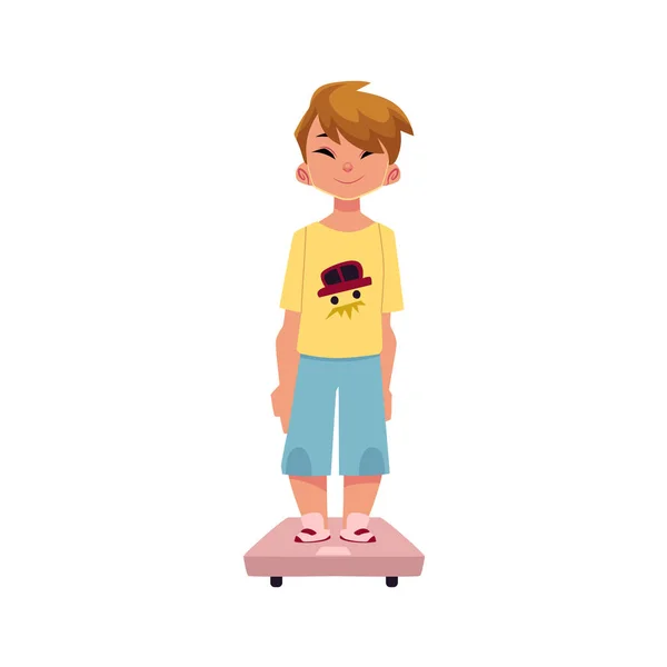 Niño, niño, niño parado en una báscula de peso — Vector de stock