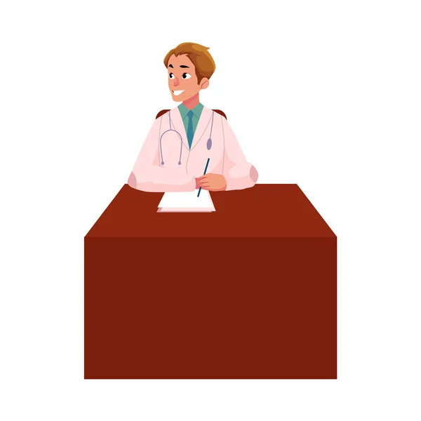 Jovem médico, terapeuta sentado em sua mesa — Vetor de Stock