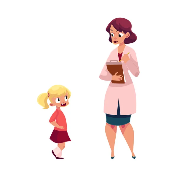 Mujer médico y niña, examen médico — Vector de stock