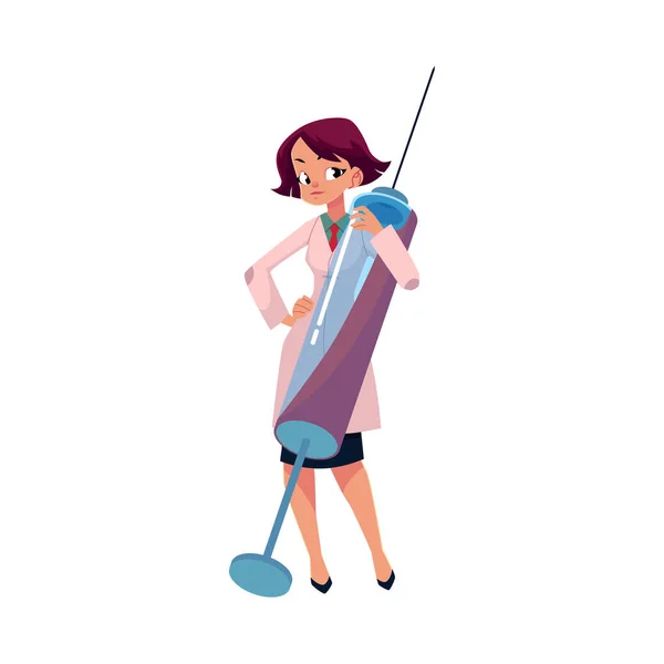 Молода жінка-лікар тримає величезний медичний шприц — стоковий вектор