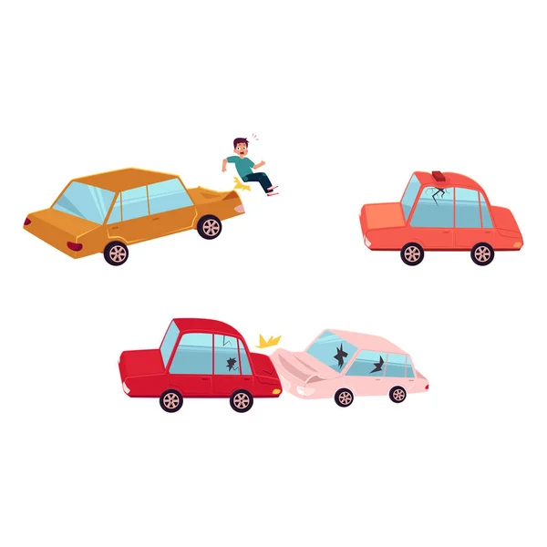 Vecteur plat dessin animé accident de voiture ensemble isolé — Image vectorielle