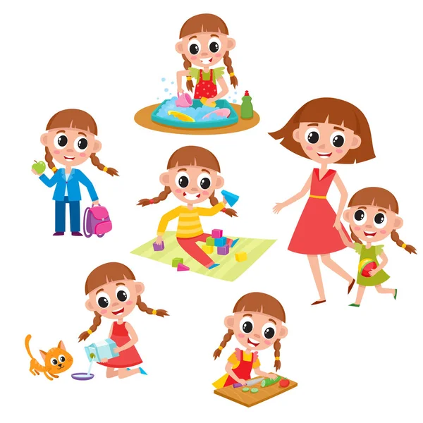 Set of little prescooler girl daily routines — Stock Vector