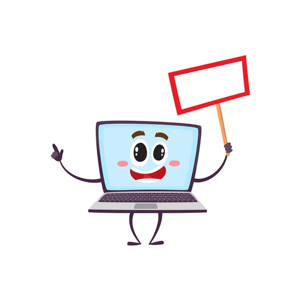 Vetor plana engraçado personagem laptop com cartaz — Vetor de Stock