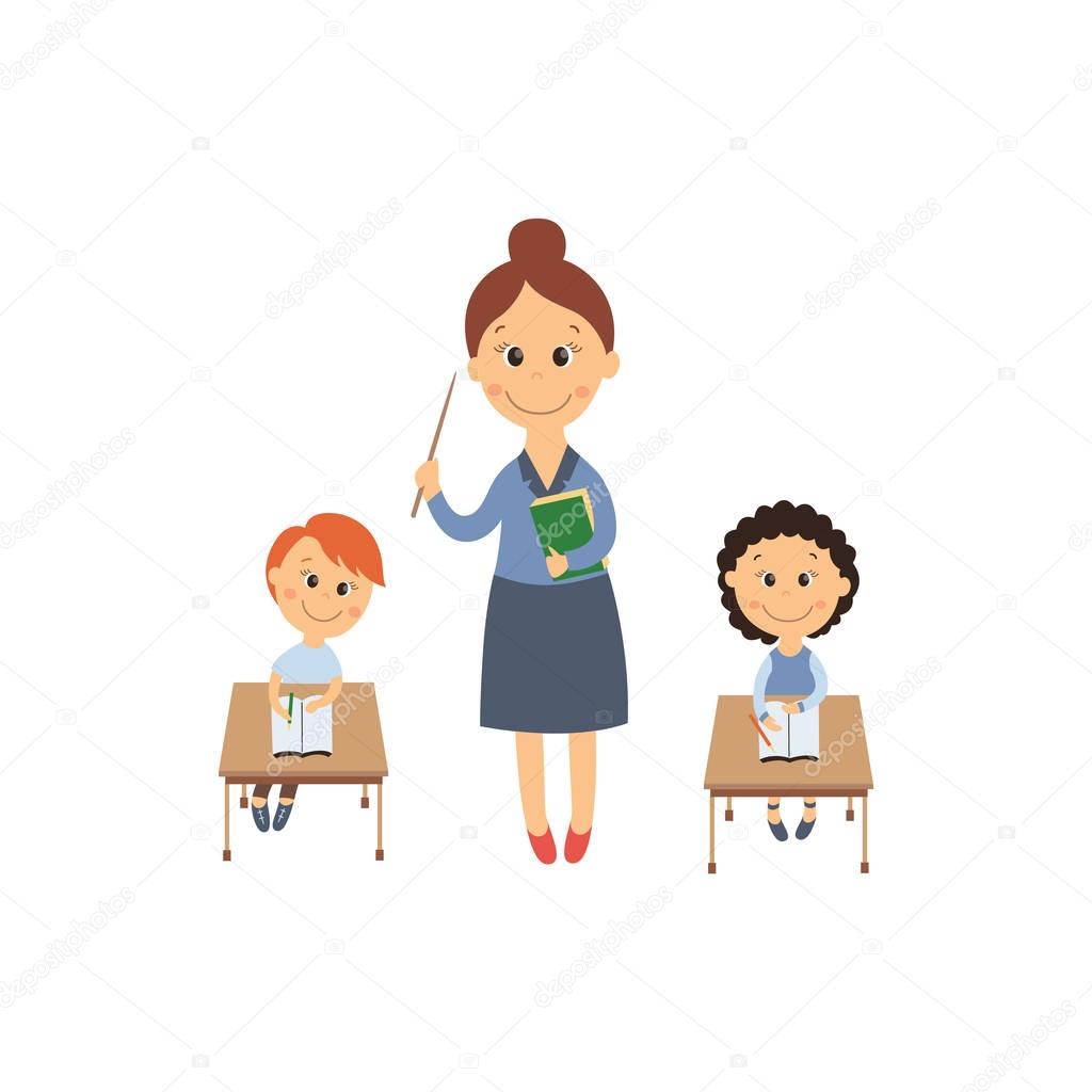 Vector Flat Girl Boy Sitting At Desk And Teacher Stock Vector