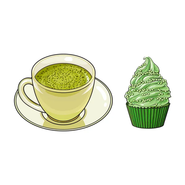 Vector bosquejo taza de té de mathca, cupcake — Vector de stock