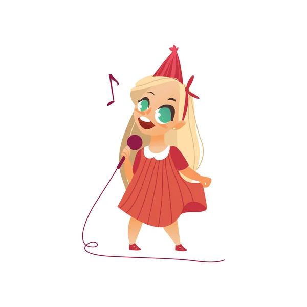 Vector flat kid girl singing at microphone — стоковый вектор