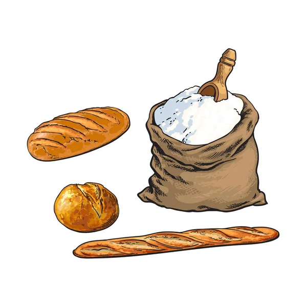 Διάνυσμα σκίτσο τσάντα αλεύρι, ψωμί, μπαγκέτα σύνολο — Διανυσματικό Αρχείο