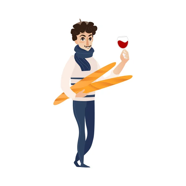 Вектор плоский французький молодий чоловік з вином, багет — стоковий вектор